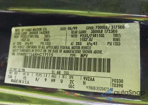 1999 Ford E-150 from USA, damaged, VIN 1FMRE11L6XHC17115